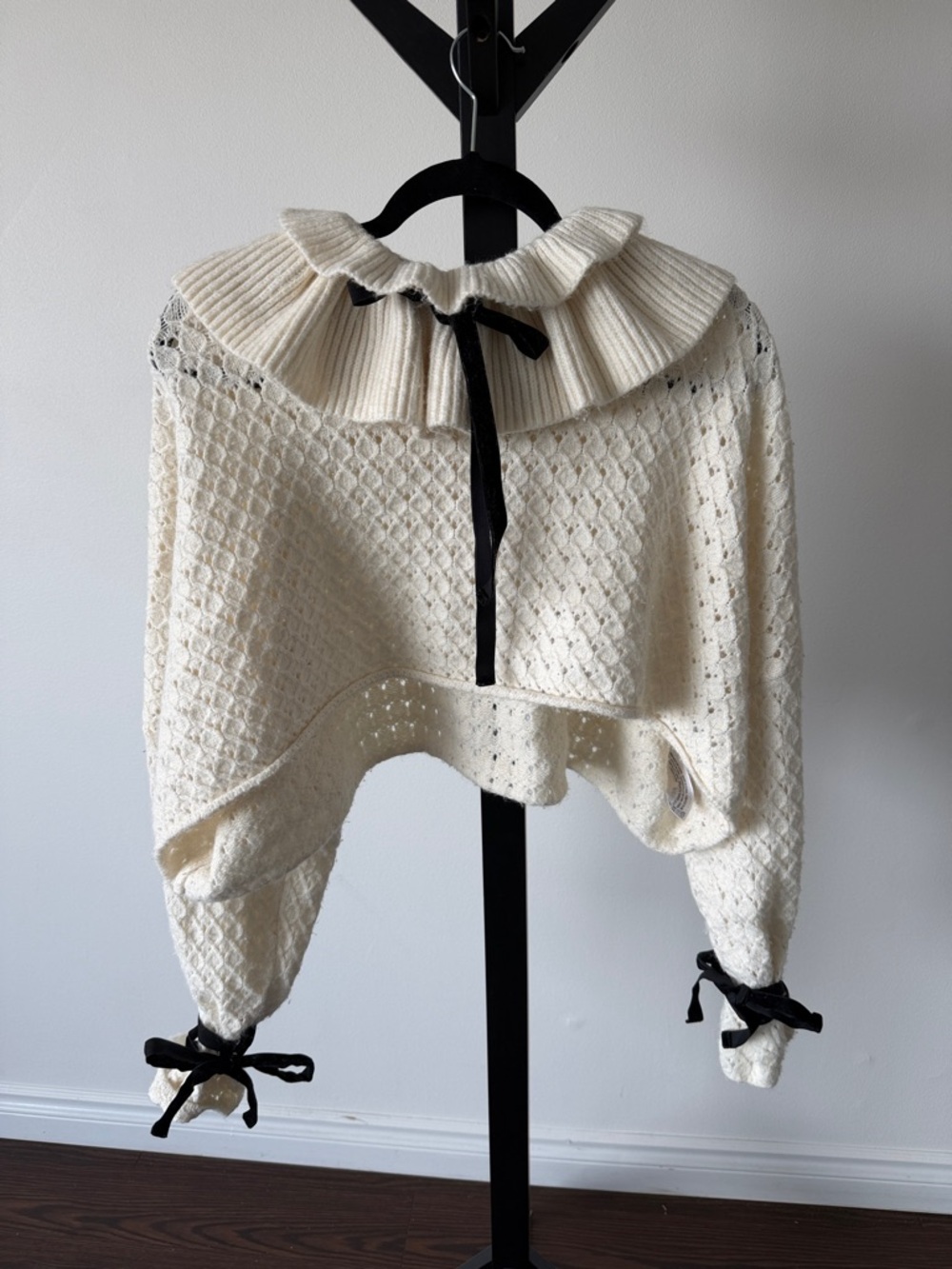 Zara Cream Knit Ruffled Collar Sweater with Black Ribbon Accents